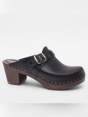 Sandgrens Swedish Black Leather Buckle Clog Mule | Size EU 38 US 7